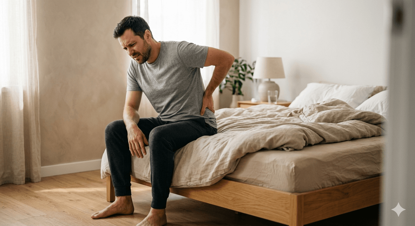 homme assis au bord du lit souffrant de douleur sciatique au réveil
