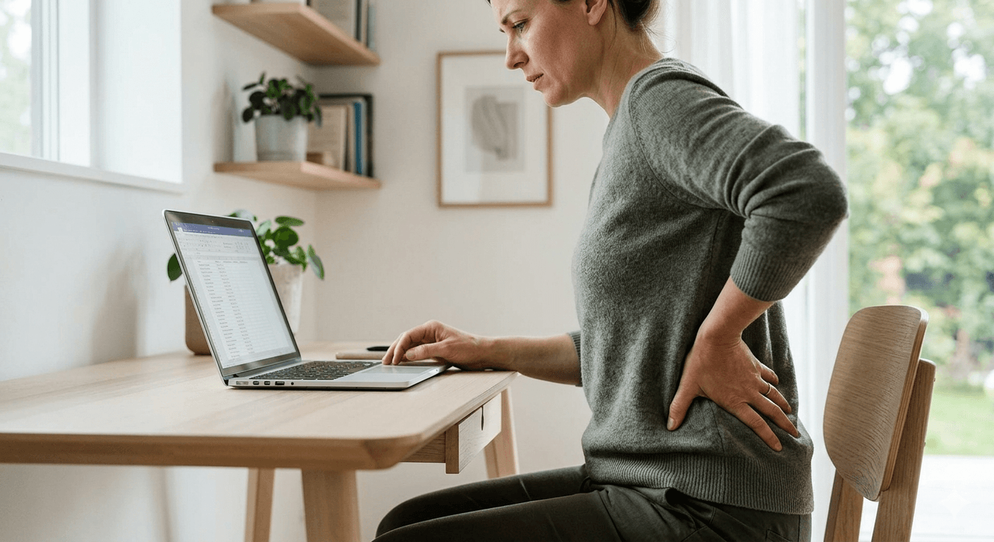 femme assise au bureau souffrant de douleur lombaire et sciatique