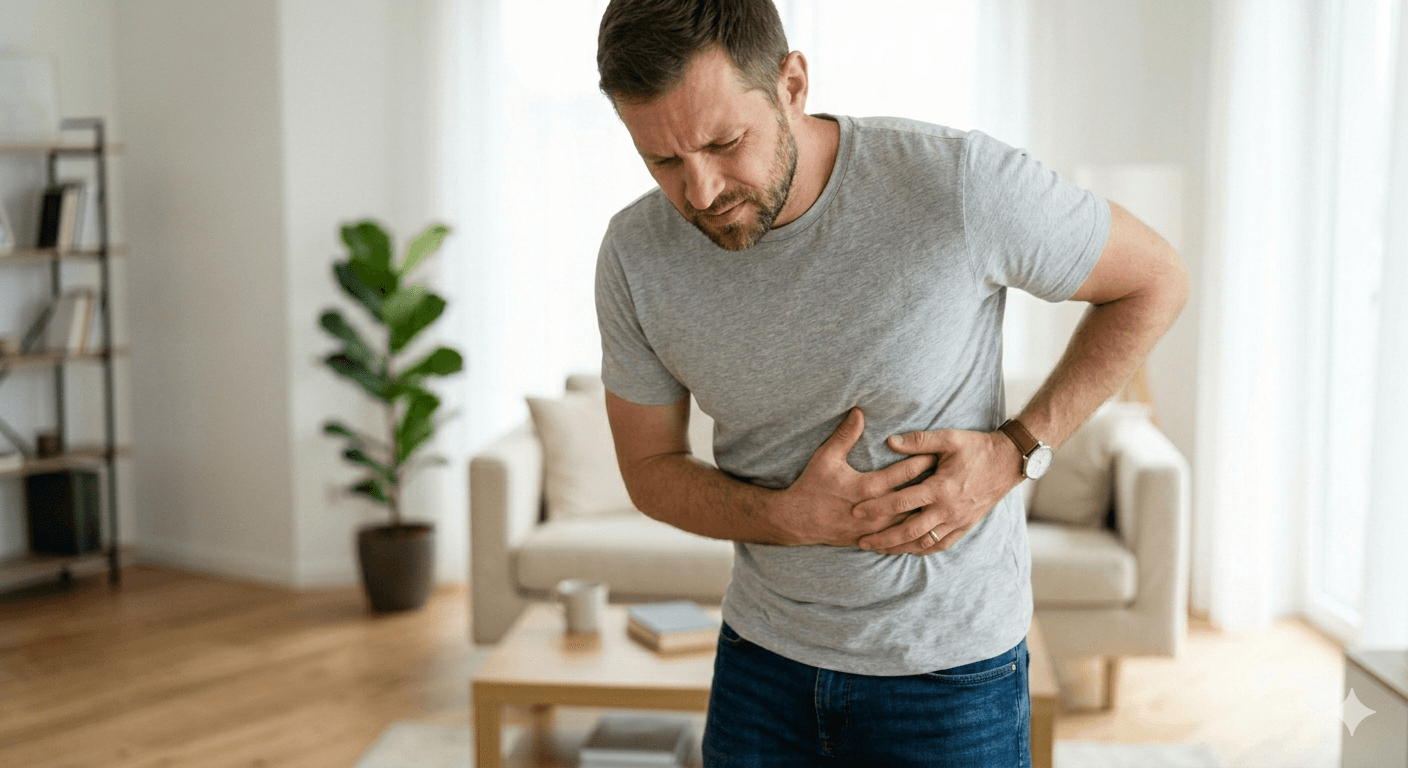 homme se tenant les côtes avec douleur intercostale thoracique