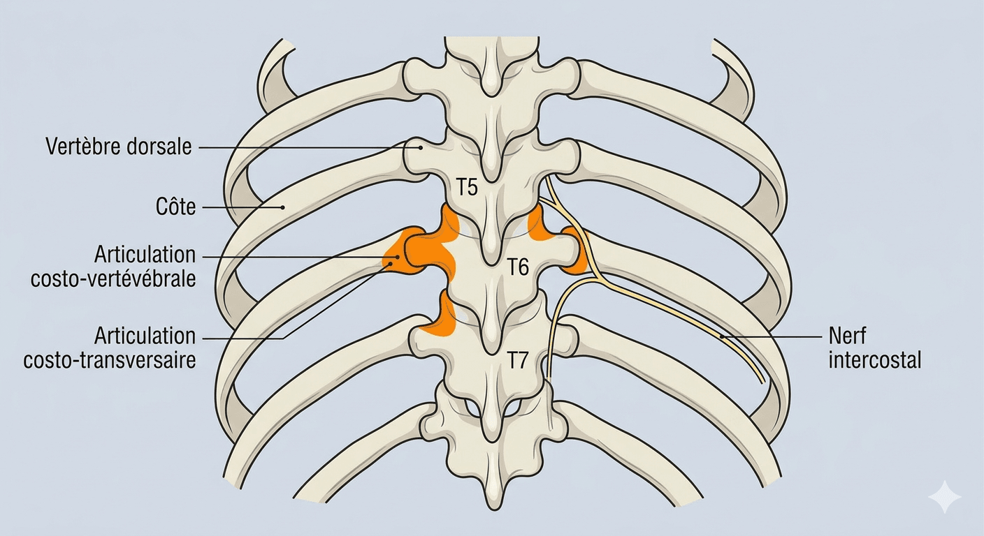 schema anatomique des articulations costo-vertebrales et du trajet du nerf intercostal avec annotations en francais