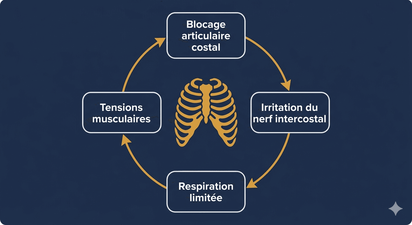 schema du cercle vicieux douleur intercostale respiration tension musculaire avec annotations en francais